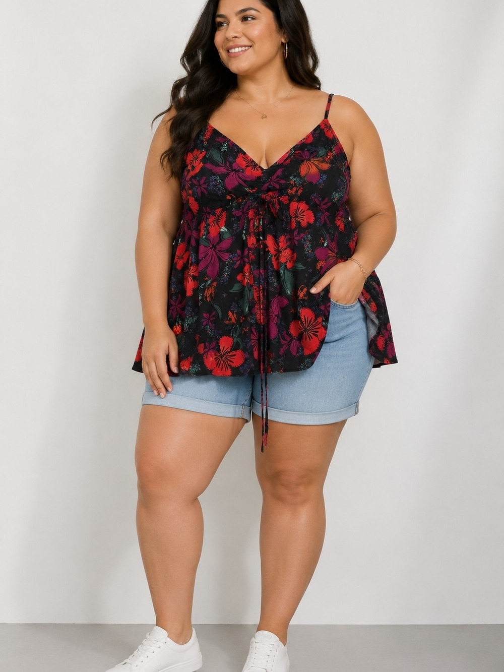 Ava & Viv Black Floral V-Neck Tie-Front Cami with Red & Magenta Flowers
